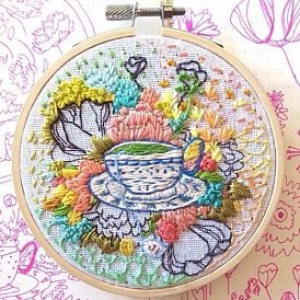 DIY Flower & Cup Pattern Embroidery Starter Kit, Cross Stitch Kit Including Imitation Bamboo Frame, Carbon Steel Pins, Cloth and Colorful Threads