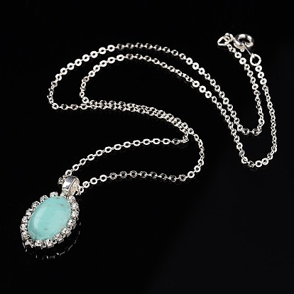 Trendy Synthetic Turquoise Pendant Necklaces and Ear Studs Jewelry Sets, with Silver Color Plated Brass Rhinestone Cup Chain, 18 inch , 19x15x5mm, Pin: 0.8mm, 1set/box