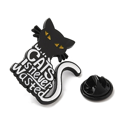 Gato con alfileres de esmalte de palabras, insignia de aleación negra de electroforesis para ropa de mochila