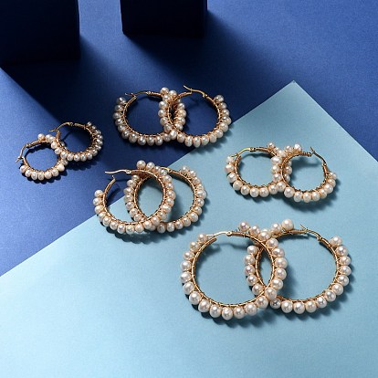 Pendientes de aro de acero inoxidable, con perlas de agua dulce cultivadas naturales de patata y alambre de cobre, Forma de anillo