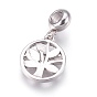 304 Stainless Steel European Dangle Charms, Large Hole Pendants, with Rhinestone, Flat Round with Tree