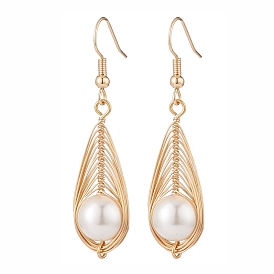 Boucles d'oreilles pendantes en forme de larme tressée avec perles coquillages, bijoux en fil de laiton pour femmes