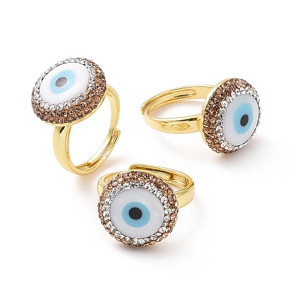 Adjustable Natural Shell Evil Eye Ring with Rhinestone, Golden Brass Wide Ring for Women