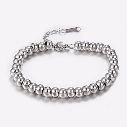 304 Stainless Steel Bracelets with 201 Stainless Round Beads, with Lobster Claw Clasps
