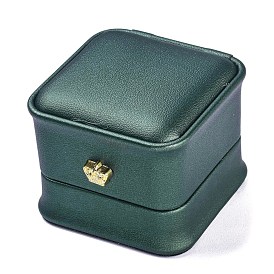 PU Leather Ring Box, with Golden Iron Crown, for Wedding, Jewelry Storage Case, Square