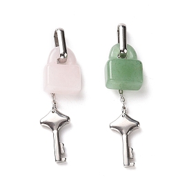 Natural Gemstone Lock Pendants, with Stainless Steel Color Tone 304 Stainless Steel Key & Chain