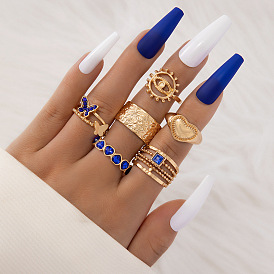 Blue Butterfly Heart Diamond Ring Set - 6 Pieces Geometric Waterdrop Fashion Rings