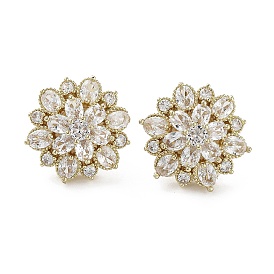 Flower Brass with Cubic Zirconia Stud Earrings, Long-Lasting Plated
