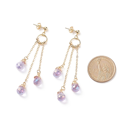Bling Glass Teardrop Dangle Stud Earrings, Golden 304 Stainless Steel Chain Tassel Long Drop Earrings for Women