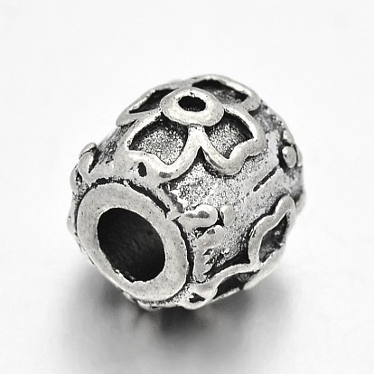 Tibetan Style Alloy Barrel with Flower Beads, Cadmium Free & Lead Free, 8x8mm, Hole: 3mm, about 500pcs/1000g