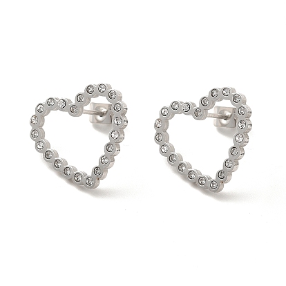 Crystal Rhinestone Hollow Out Heart Stud Earrings, 304 Stainless Steel Jewelry for Women