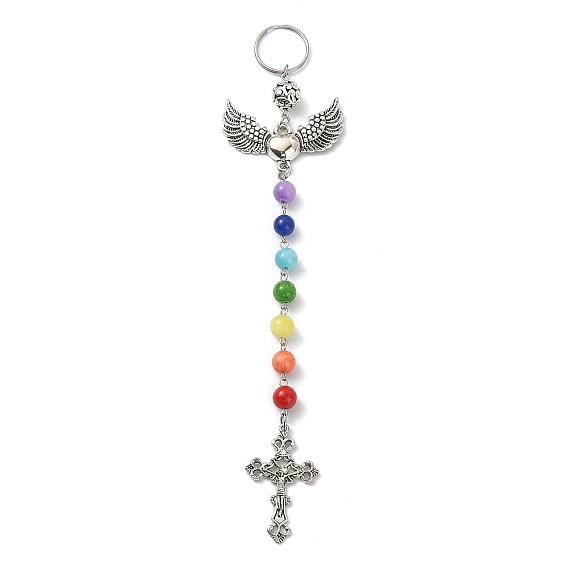 Llaveros con colgante de aleación de cruz/corazón/ángel/ala, con 7 cuentas de piedras preciosas de chakra para mujer, bolso, decoración colgante para llave de coche