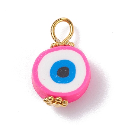 Handmade Polymer Clay Pendants, with Golden Tone Iron & Alloy Findings, Flat Round with Evil Eye