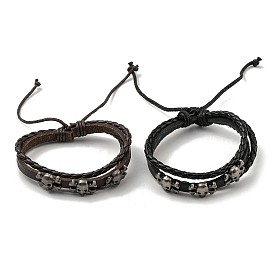 PU Leather & Waxed Cords Triple Layer Multi-strand Bracelets, Braided Adjustable Bracelet Alloy Skull