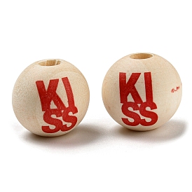 Printed Wood Beads, Valentine's Day Round Beads with Word Kiss, Undyed