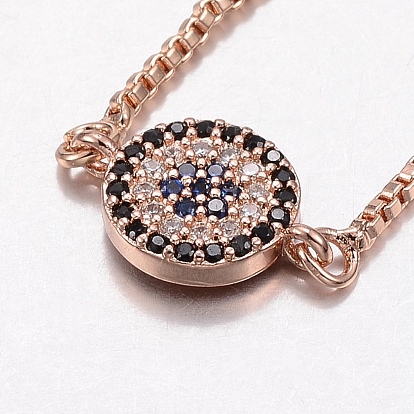 Adjustable Brass Micro Pave Cubic Zirconia Bolo Bracelets, Slider Bracelets, with Brass Box Chains, Flat Round with Flower