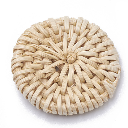 Handmade Reed Cane/Rattan Woven Beads, For Making Straw Earrings and Necklaces, No Hole/Undrilled, Bleach, Flat Round