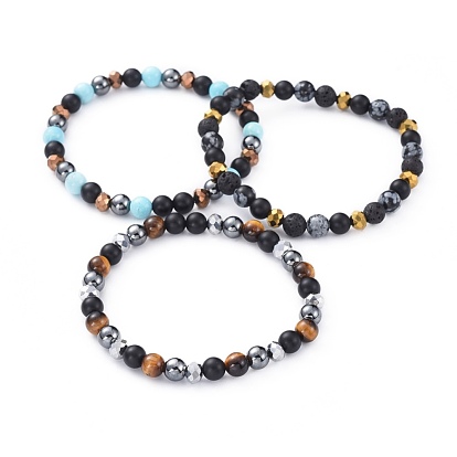Bracelets élastiques, avec des perles de verre galvanisé et des perles de pierres précieuses mélangées
