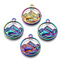 201 Stainless Steel Pendants, Flat Round with Mountain Charm