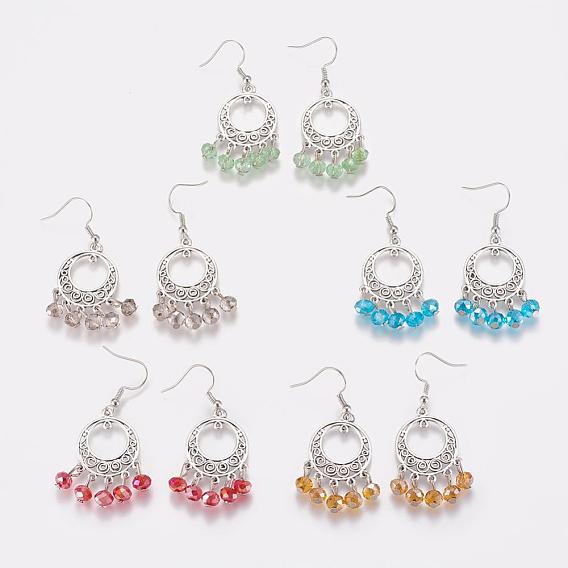 Tibetan Style Chandelier Earrings, with Glass Beads and Brass Earring Hooks, 55mm