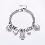 304 Stainless Steel Charm Bracelets, with Lobster Claw Clasps, Hamsa Hand/Hand of Miriam with Heart