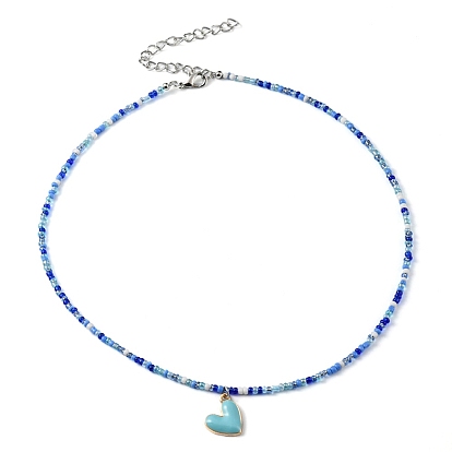 Alloy Enamel Heart Charm Necklace, Glass Seed Beaded Necklace for Women
