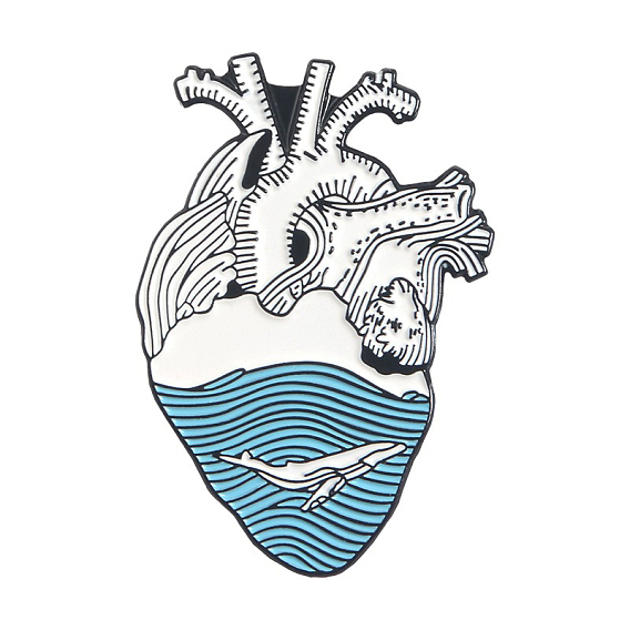 Creative Zinc Alloy Brooches, Enamel Lapel Pin, with Iron Butterfly Clutches or Rubber Clutches, Electrophoresis Black Color, Anatomical Heart Shape with Sea