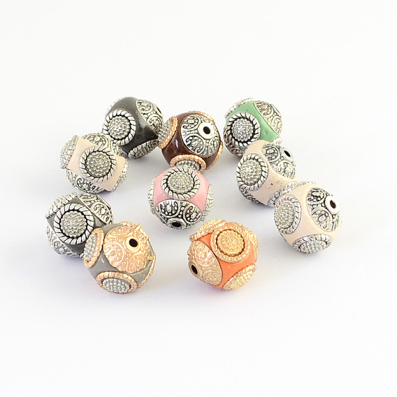 Perles rondes indonésiennes manuelles, avec des noyaux en alliage, 14~16x14~16mm, Trou: 1.5mm