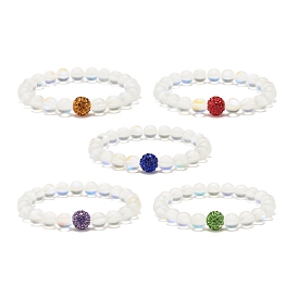 Synthetic Moonstone Round Beads Stretch Bracelet, Gemstone Jewelry with Rhinestone Beads for Women