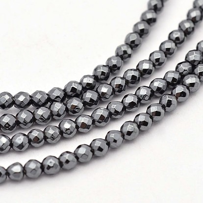 Non-magnetic Synthetic Hematite Faceted Round Bead Strands, 2mm, Hole: 1mm, about 190pcs/strand, 15.7 inch