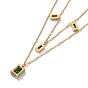 Green Glass Rectangle Charms Double Layer Necklace, Ion Plating(IP) 304 Stainless Steel Jewelry for Women