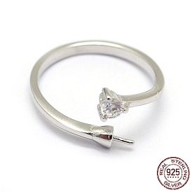 925 Sterling Silver Finger Ring Components, For Half Drilled Beads, with Cubic Zirconia