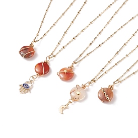 5Pcs 5 Style Moon and Star Planet Natural Red Agate Pendant Necklaces Set, Brass Jewelry for Women, Golden