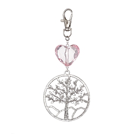Flat Round with Tree of Life Alloy Pendant Decorations, Glass Heart and Swivel Lobster Claw Clasps Charm
