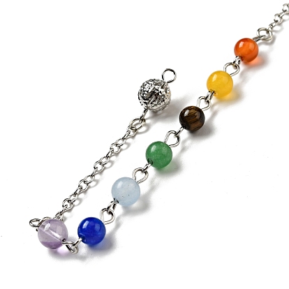 Natural & Synthetic Gemstone Cone Dowsing Pendulums, Cone Charm, with Platinum Tone Brass & Alloy Findings & Chakra Mixed Stone Beads, Cadmium Free & Lead Free, Mixed Dyed and Undyed