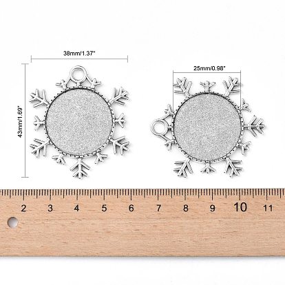 Adornos navideños aleación copo de nieve colgante cabujón ajustes, sin plomo y cadmio, plana bandeja redonda: 25 mm, 43x38x2 mm, Boca: 4 mm, sobre 155 PC / kg