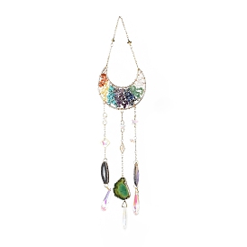 Gemstone Chips Beaded Moon Hanging Sun Catchers, with Glass Teardrop & Star and Natural Agate, with Iron Findings