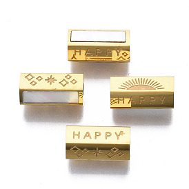 316 Surgical Stainless Steel Beads, with Shell, Real 14K Gold Plated, Hexagon with Word Happy