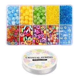 Transparent & Opaque Acrylic Beads, Horizontal Hole, Mixed Letters, with Elastic Crystal Thread, Stretchy String Bead Cord, for Beaded Jewelry Making