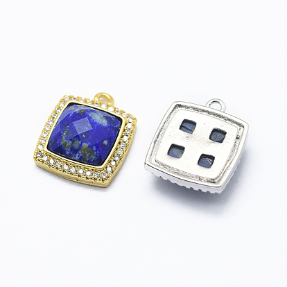 Natural & Synthetic Mixed Stone Pendants, with Cubic Zirconia and Brass Findings, Square, Clear