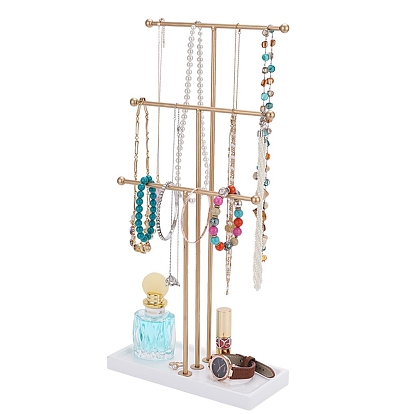 3-Tier Iron T-Bar Jewelry Display Risers, Jewelry Organizer Holder with White Wooden Base, for Bracelets Necklaces Storage