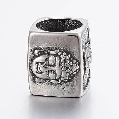 304 Stainless Steel Beads, Large Hole Beads, Cube with Buddha