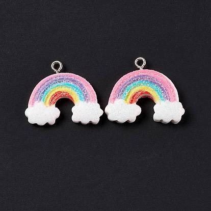 Opaque Resin Pendants, with Platinum Tone Iron Loops and Glitter Powder, Rainbow with Cloud
