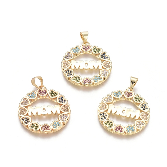 Brass Micro Pave Cubic Zirconia Pendants, Ring with Heart and Word MOM, For Mother's Day, Colorful