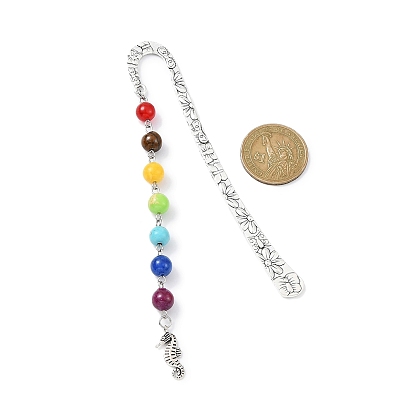Signets à crochet en alliage sur le thème marin, Marque-page pendentif en perles rondes avec pierres précieuses de chakra mixtes