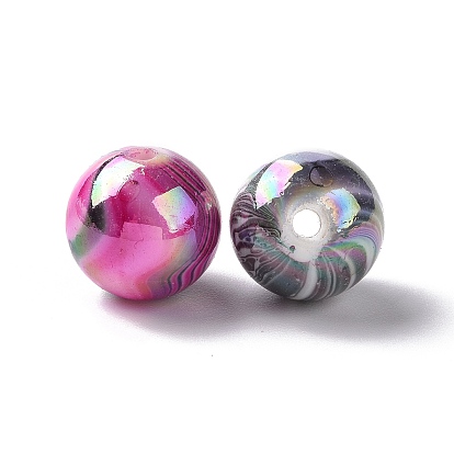 UV Plating Rainbow Iridescent ABS Plastic Beads, Round with Wave Pattern