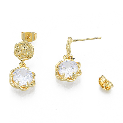 Flower Clear Cubic Zirconia Stud Earrings, Brass Dangle Earring for Women, Nickel Free