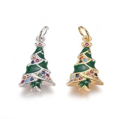 Brass Cubic Zirconia Pendants, with Enamel and Jump Ring, Christmas Tree, Green
