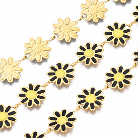 304 Stainless Steel & Enamel Link Chains, with Spool, Unwelded, Real 16K Gold Plated, Nickel Free, Flower