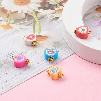 Handmade Polymer Clay Charms, with Golden Brass Loops, Heart